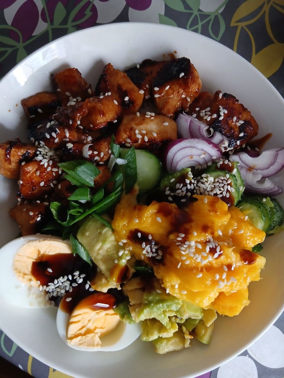 Teriyaki rice bowl cooked at home for dinner